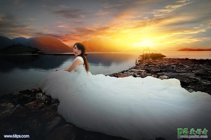 PS美女婚片调色教程：给漂亮的美女湖景婚纱照调出唯美的霞光色彩