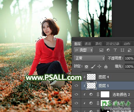 PS调色教程：给树林中的红衣美女性感照片调出逆光暗调青红色效果
