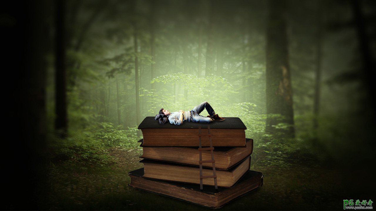 Photoshop合成教程：创意打造森林秘境中在书本上睡觉的男孩场景