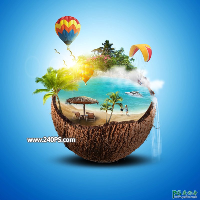 PS合成教程：大师教你在半个椰子壳中合成出海滩休闲度假世界。