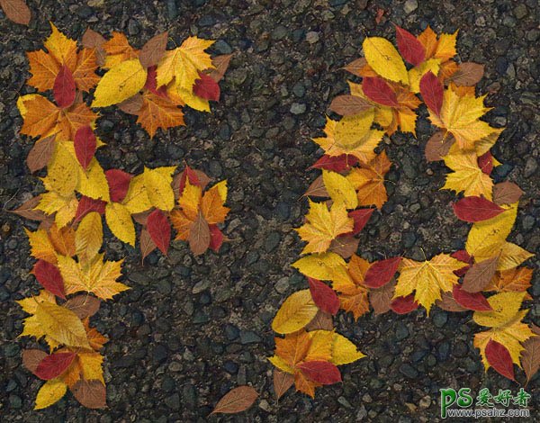 PS个性贴图文字制作教程：设计一例非常有趣的秋季树叶拼贴字体