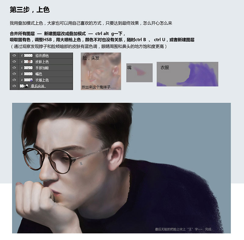 Photoshop人物手绘教程：学习绘制戴眼镜的帅哥人物素材图。