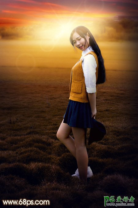 Photoshop草坪上拍摄的美艳女生艺术照调出暖暖的霞光色彩