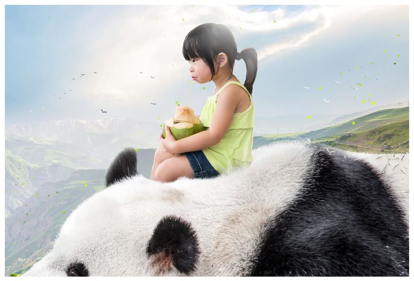 Photoshop创意合成在大自然中小女孩儿与大熊猫亲和的场景