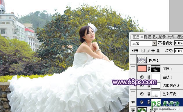 photoshop给漂亮的婚片少女图片调出美美的紫绿色