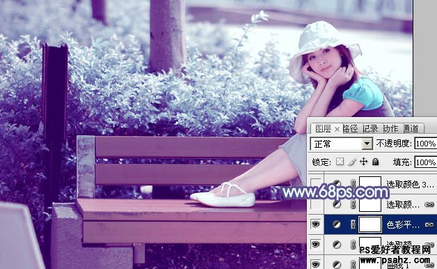 PS调色教程：给公园里唯美的少女图片调出淡调青紫色