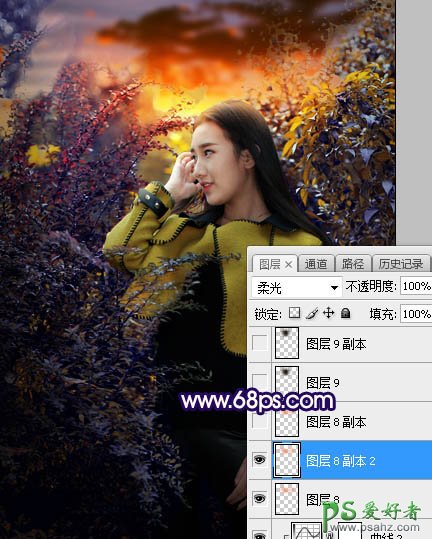 Photoshop给性感长腿推女郎外景写真照调出温暖的霞光色彩