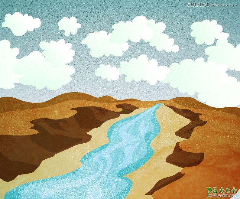 Illustrator绘制漂亮的失量风景画，外景山谷漂亮的小溪失量图