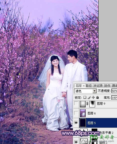 photoshop给春日桃花林里的情侣婚片调出艳丽的桃红色