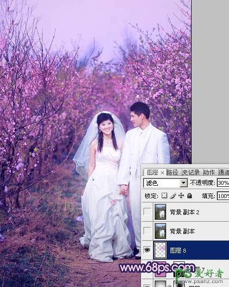 photoshop给春日桃花林里的情侣婚片调出艳丽的桃红色