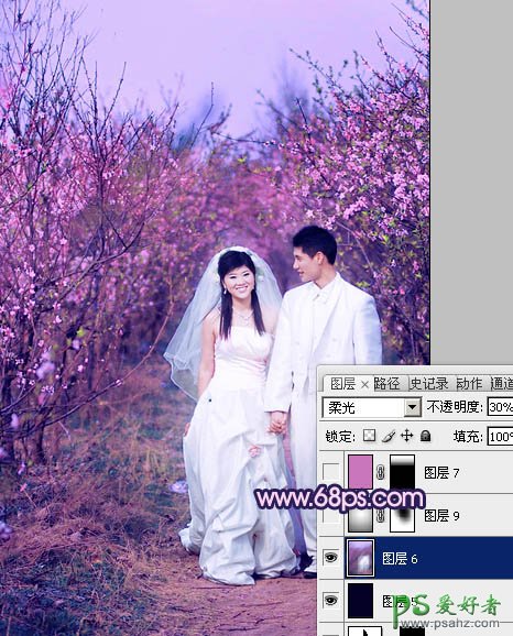 photoshop给春日桃花林里的情侣婚片调出艳丽的桃红色