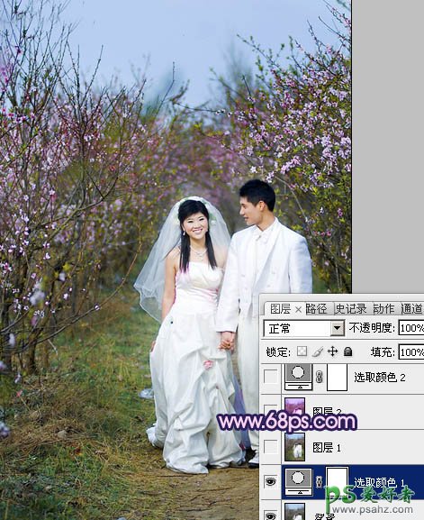 photoshop给春日桃花林里的情侣婚片调出艳丽的桃红色