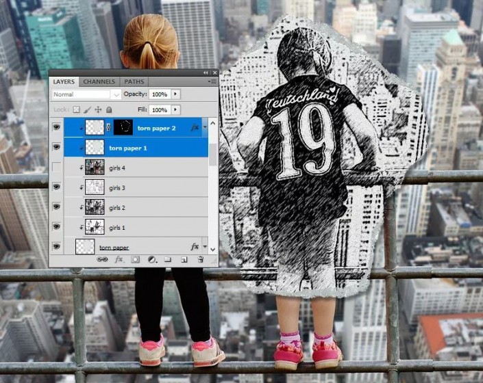 PS素描人像制作教程：给儿童户外写真照制作成撕纸素描效果。