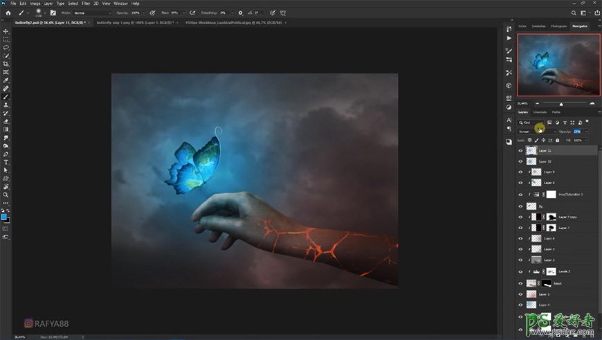 Photoshop创意合成发光效果的蝴蝶停留在熔岩手臂上的秘境场景。