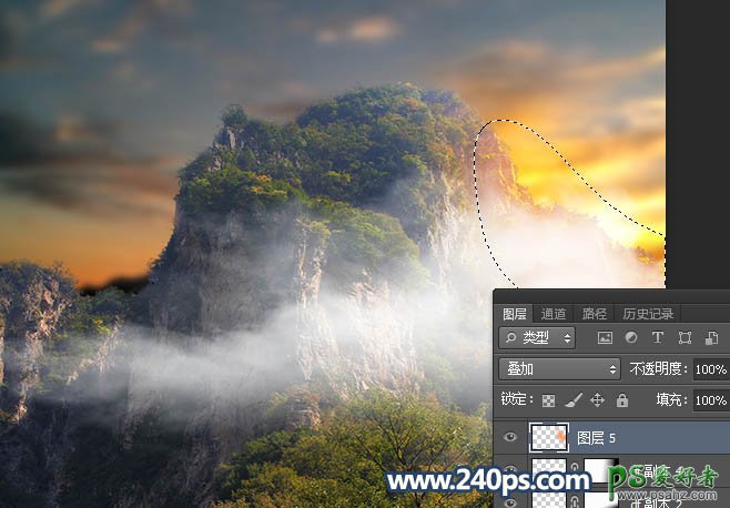 PS照片特效教程：给漂亮的大山风景图片制作出霞光和仙境般的云雾