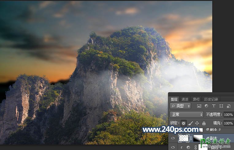 PS照片特效教程：给漂亮的大山风景图片制作出霞光和仙境般的云雾