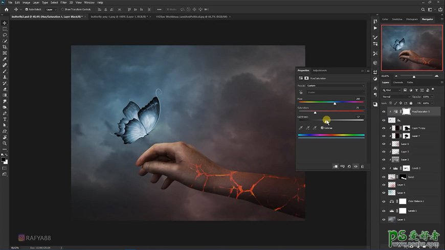 Photoshop创意合成发光效果的蝴蝶停留在熔岩手臂上的秘境场景。