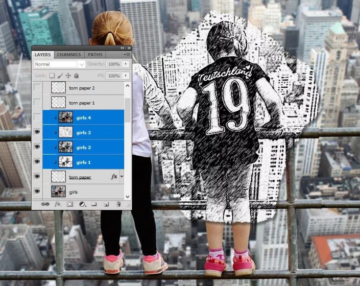 PS素描人像制作教程：给儿童户外写真照制作成撕纸素描效果。