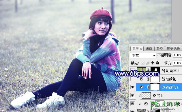 Photoshop给草地上自拍的韩国女优个人写真图片调出淡调蓝黄色