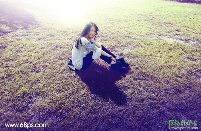 PS女生照片调色：给青草地上外拍的可爱女生性感照片调出淡调黄紫