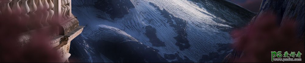 看PS大神创意合成景观阳台上眺望远方日出的场景，眺望山谷风景图