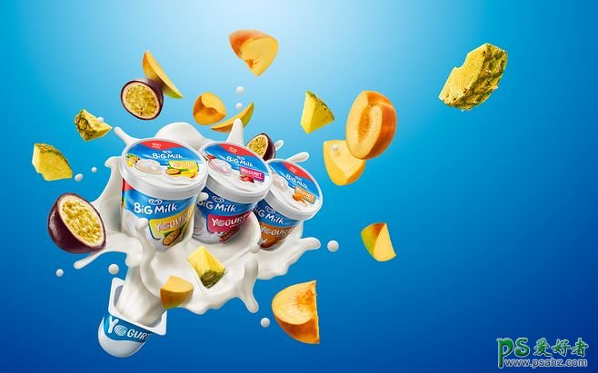 创意时尚的美味牛奶平面广告设计作品，混合果味的牛奶海报。