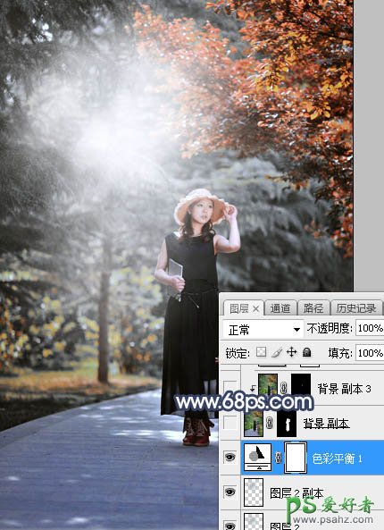 Photoshop给白领职业装妖媚美女公园写真照调出暗调秋季色彩