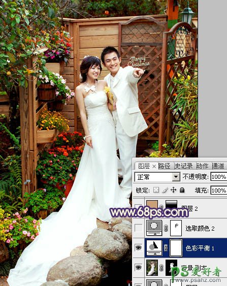 photoshop调出甜美的暖红色园林情侣婚片