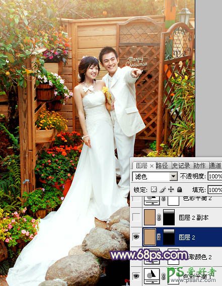 photoshop调出甜美的暖红色园林情侣婚片