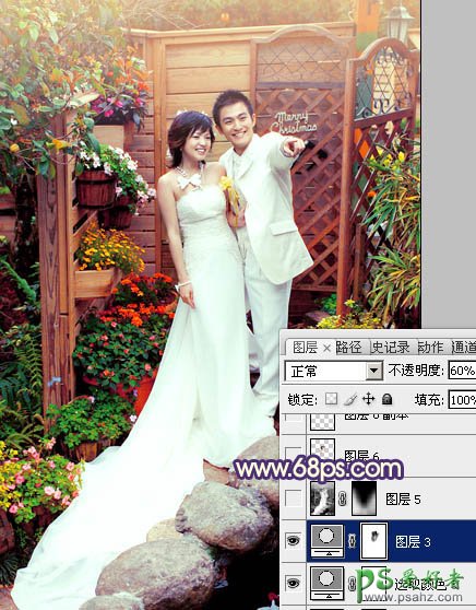 photoshop调出甜美的暖红色园林情侣婚片