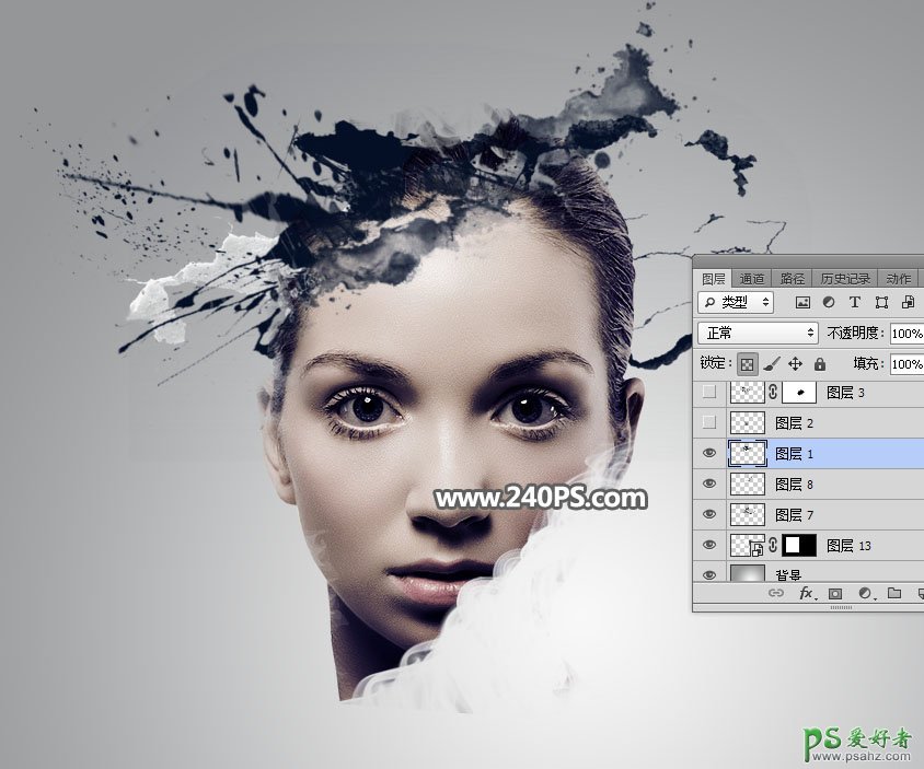 PS人像特效图片制作教程：设计个性另类风格的水墨喷溅美女头像图