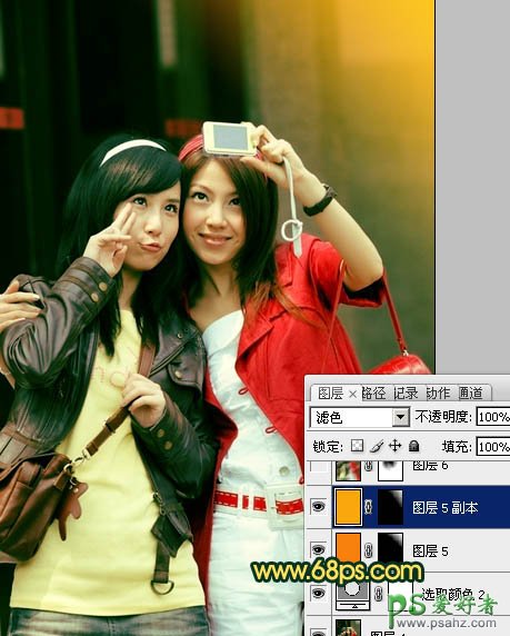 PS给一对漂亮的姐妹手机自拍照调出暗调橙绿色特效