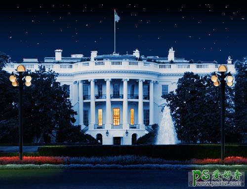 用PS把美国白宫白天的建筑物照片制作成夜景效果