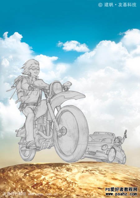 photoshop鼠绘郊野中行驶的摩托车手