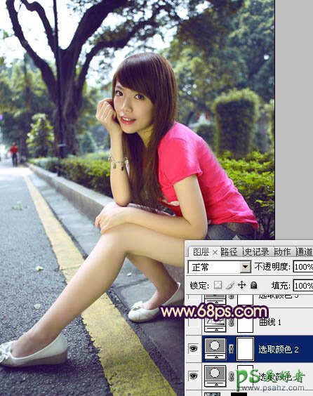 PS调色教程：给公路边坐着的红衣美腿少女图片调出灿烂的暖色