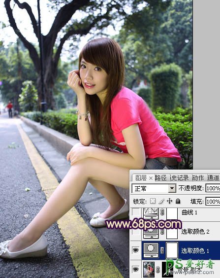 PS调色教程：给公路边坐着的红衣美腿少女图片调出灿烂的暖色