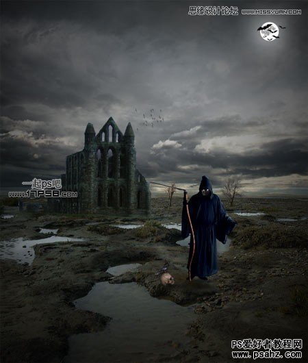 photoshop合成沼泽地里的古城堡巫师形象