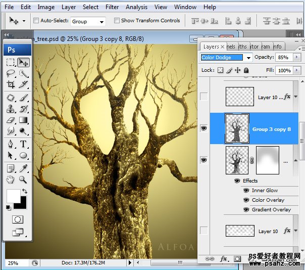 photoshop制作金光闪闪的闪金苹果树超现实图片教程