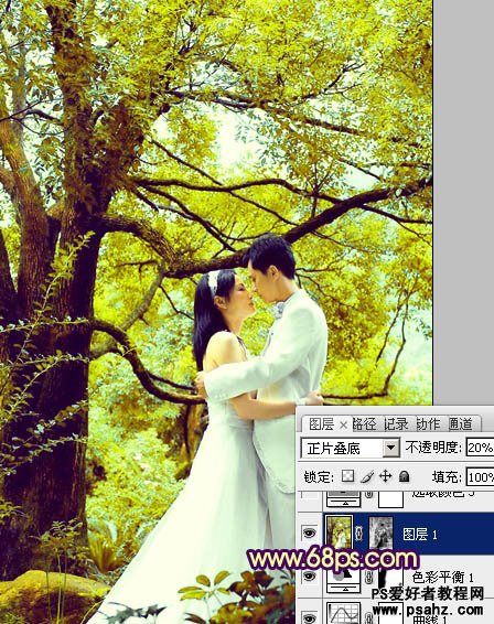photoshop调出柔和的黄绿风格的情侣婚纱照