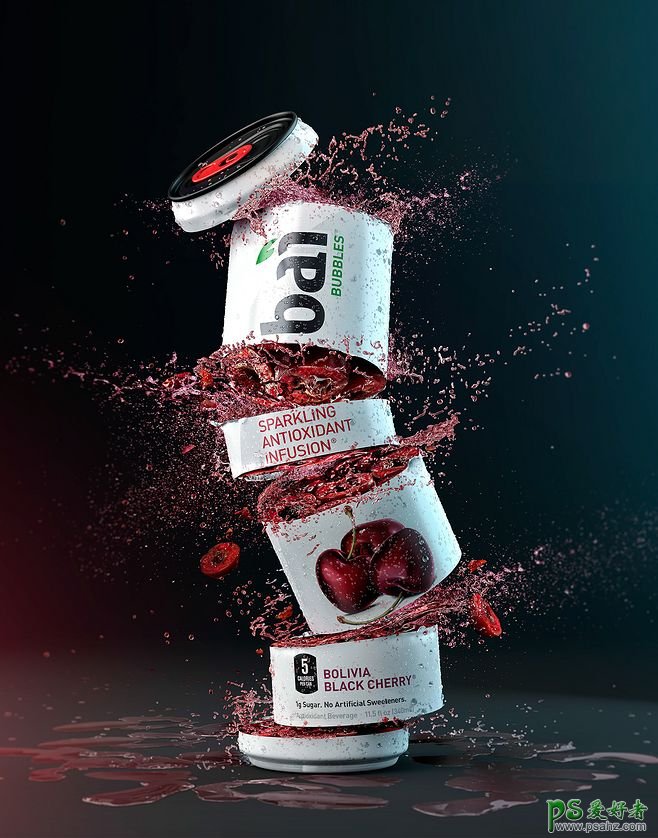 活力十足的水果饮料宣传广告作品，四射喷溅效果的果味饮料海报。