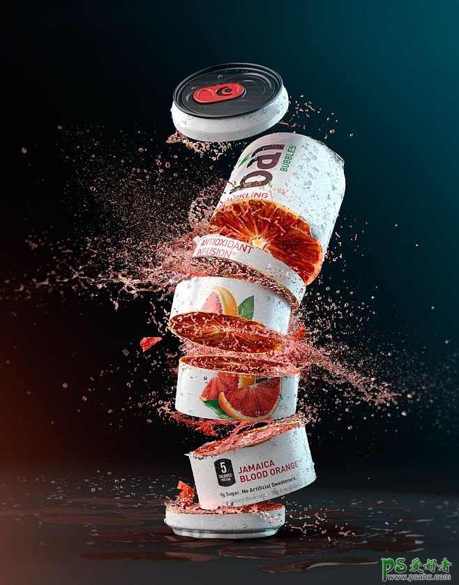活力十足的水果饮料宣传广告作品，四射喷溅效果的果味饮料海报。