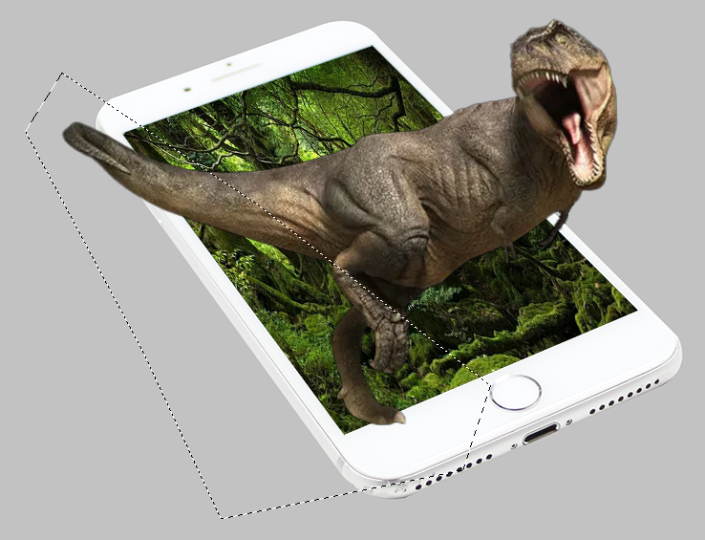 Photoshop合成霸王龙冲出手机屏幕效果的特效照片。
