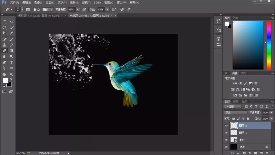 PS照片特效教程：给漂亮的蜂鸟图片制作成水花喷溅效果。