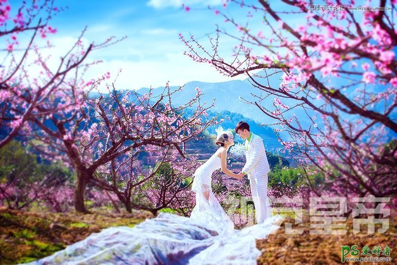 Photoshop给桃花园里拍摄的婚纱照制作出唯美的仙境视觉效果