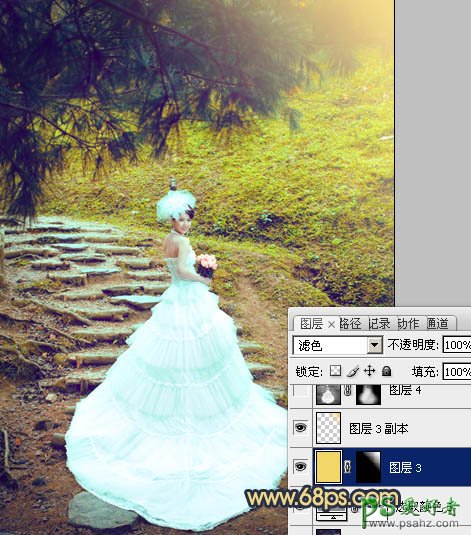 photoshop调出清爽的黄绿色外景少女婚纱艺术照