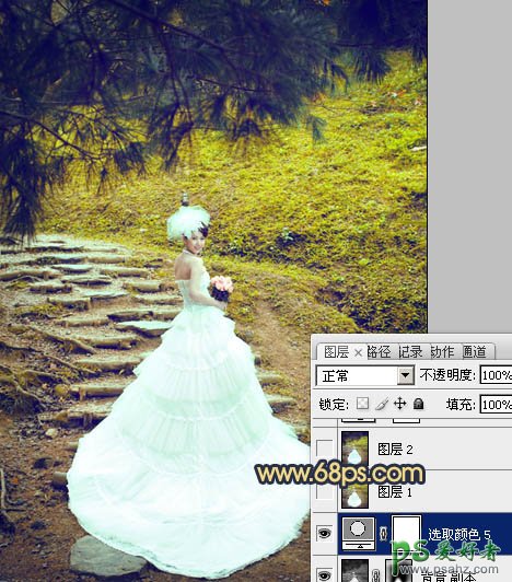 photoshop调出清爽的黄绿色外景少女婚纱艺术照