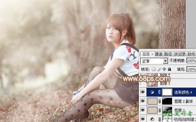 Photoshop给树林中黑丝袜美腿少女自拍照调出梦幻的淡中性暖色