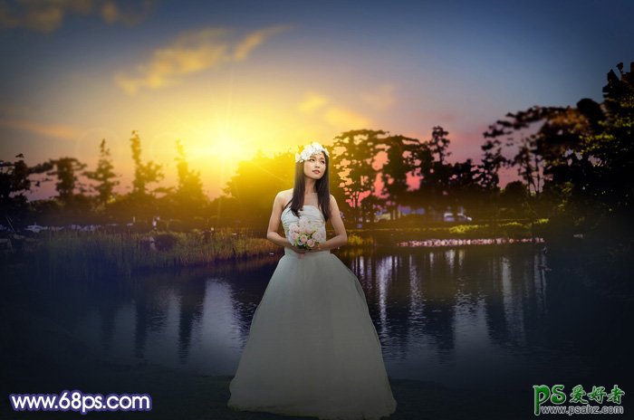 Ps婚纱照调色教程：给池塘边拍摄的清纯女生婚纱照调出黄昏夕阳色