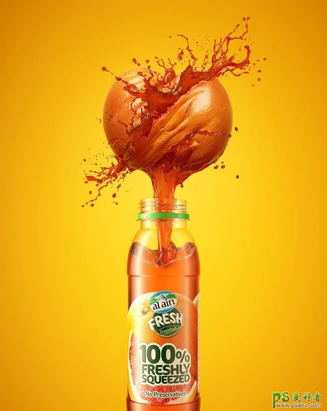 展现出现榨果汁饮料产品海报，从水果中直接压出的果汁海报。