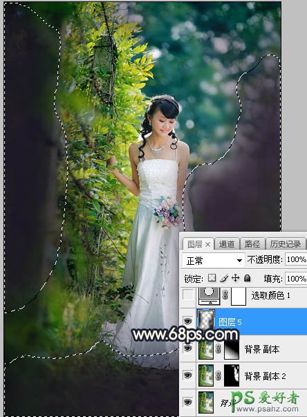 PS婚纱照调色：给秋季树林中拍摄的美眉婚纱照调出暗蓝色逆光效果